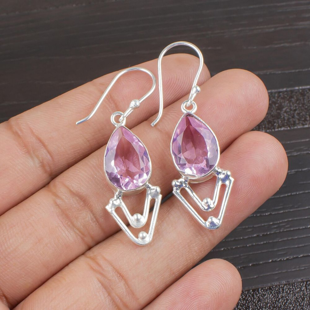 Morganite Earrings, Handmade Gemstone 925 Solid Sterling Silver Earrings Antique Jewelry, For Engagement Gift
