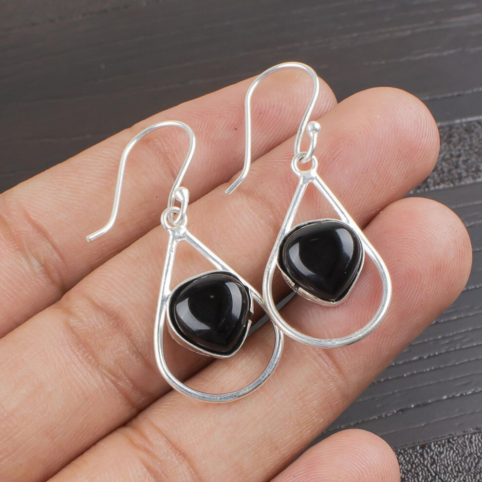 Black Onyx Cab Gemstone Jewelry, 925 Sterling Silver Earrings, Beautiful Onyx Silver Earrings For Thanksgiving Gift