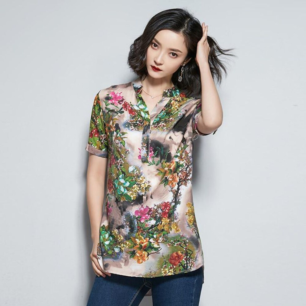 (L, green) Surwenyue Fashion Short Sleeve Print Chiffon Shirt Plsu Size Summer Top Women Shirts Office Blouse