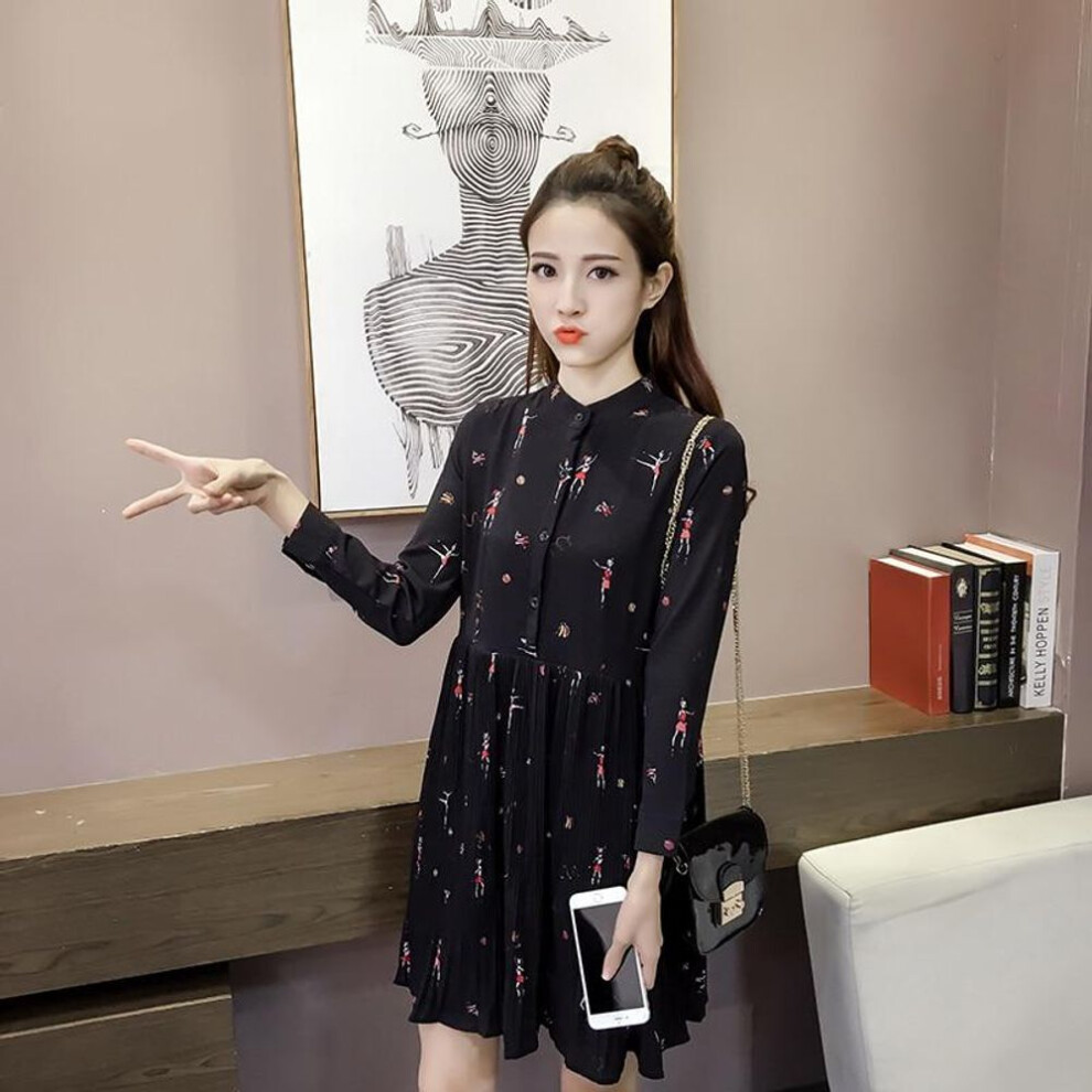 (black, XL) Sure Xiao Story Fashion Woman Dresses Spring Long Sleeve Print Chiffon Dress Women Plus Size Dress