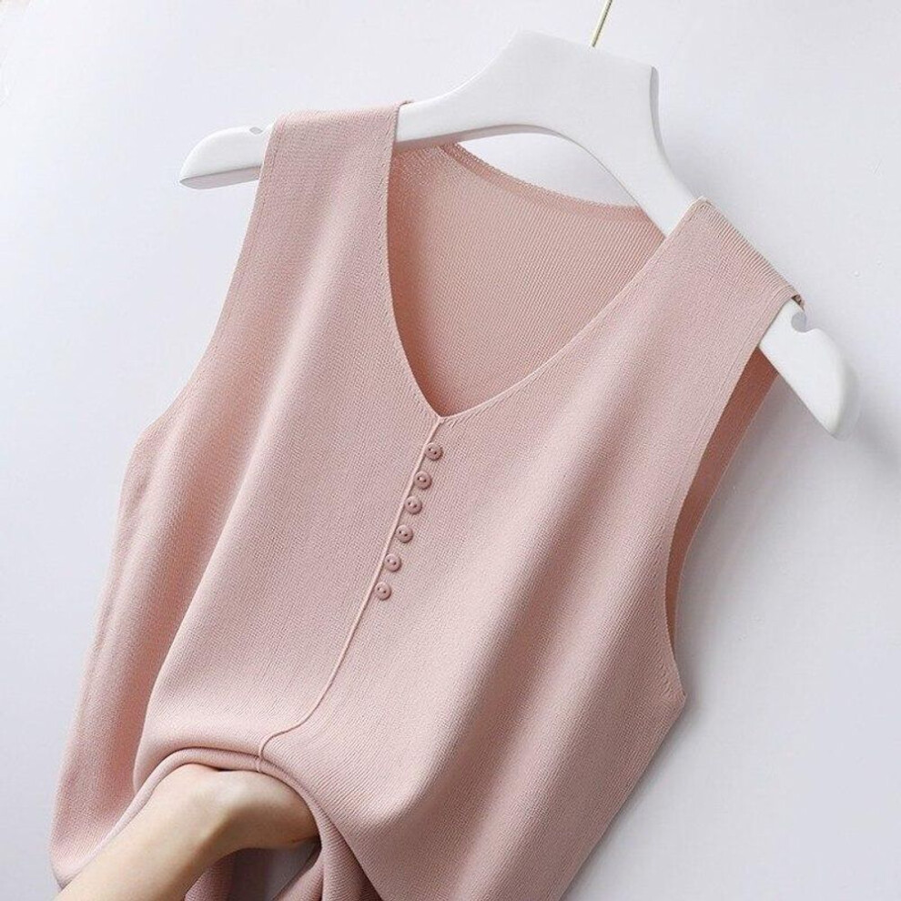 (One Size, pink) Ice Silk V-neck Womens Sleeveless Knitted Vest 2022 Summer Tops  Womens Tank Tops Solid Color Thin Sleeveless Vest 10098