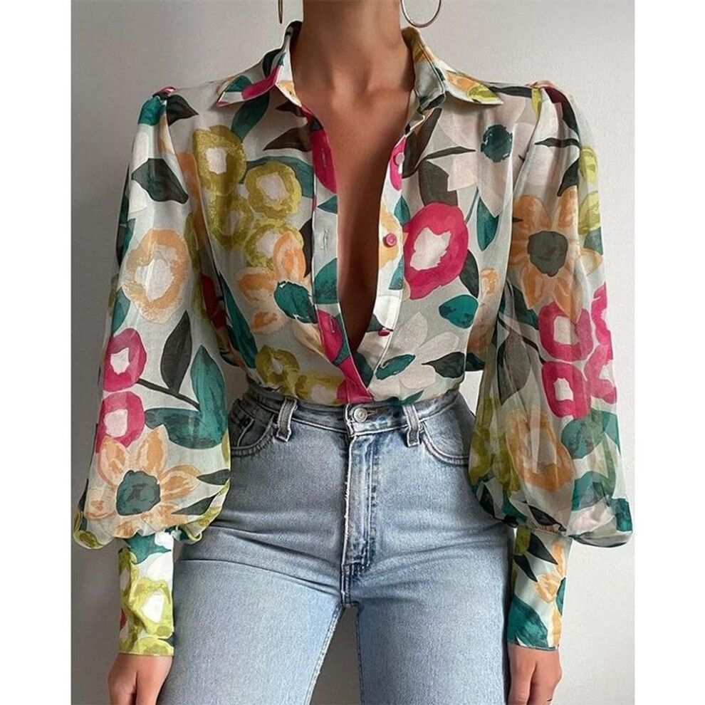 (L, maroon) Print Ladies Lantern Sleeve Blouses 2023 Fashion Spring Office Lady Vintage Floral Shirt Tops Button Up Long Sleeve Shirts 21620