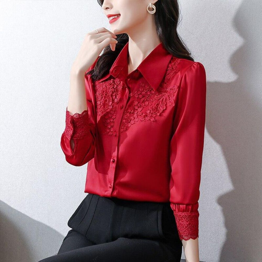 (M, red) Fashion Satin Women Blouse With Lace Office Lady Elegant Long Sleeve Women Shirts Buttons Female Clothing Blusas 24636