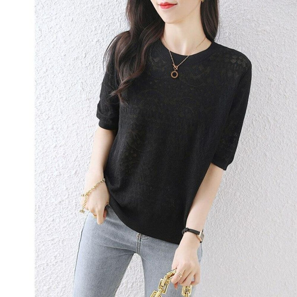 (One Size, black) Summer Hollow Ice Silk Knitted T-shirt White Solid Thin Tops Casual Short Sleeve T-shirt Womens Korean Top Elegant 27220