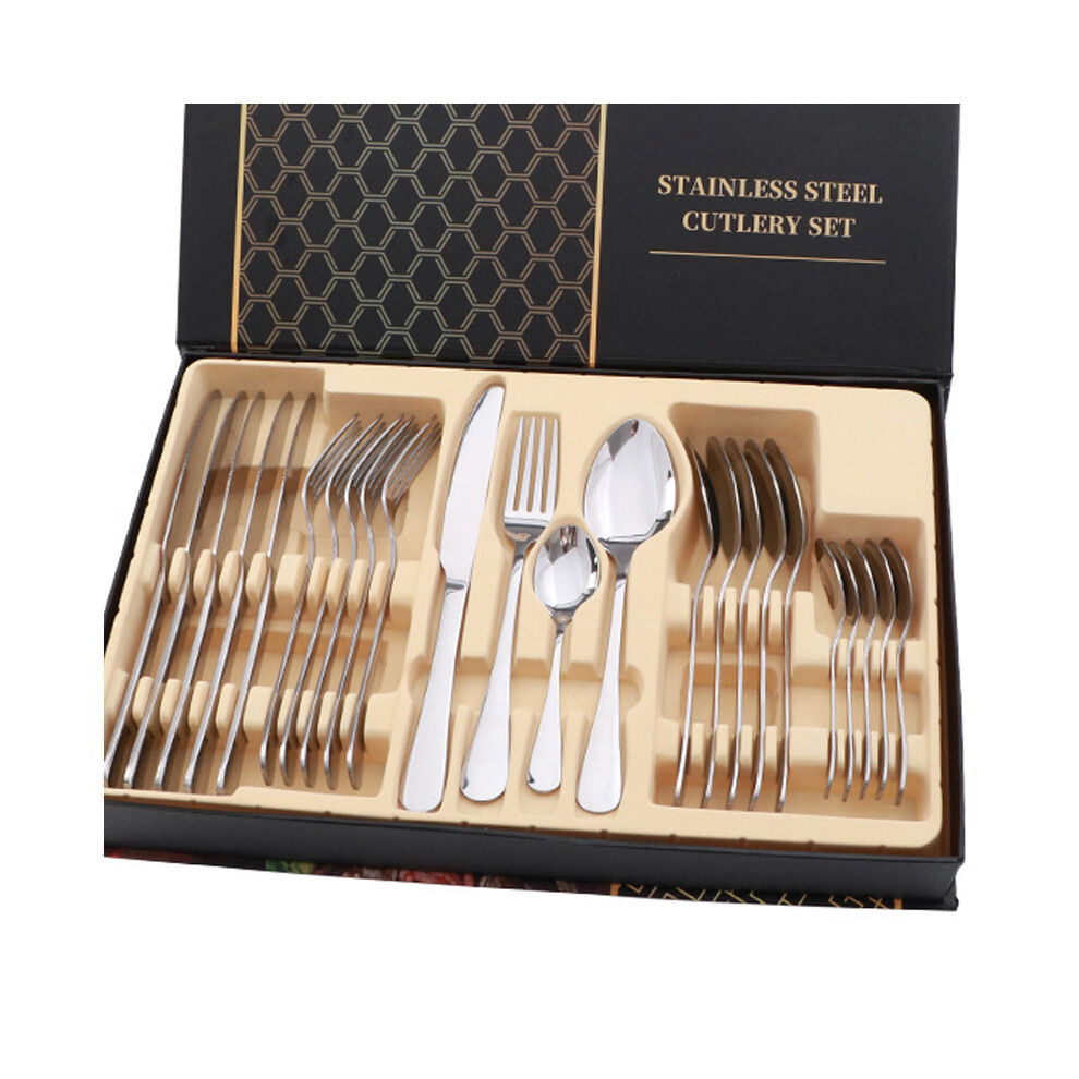 Flatware Set Stainless Steel Glossy 24 Pieces Steak Knife Fork Spoon Set for Restaurant Silver