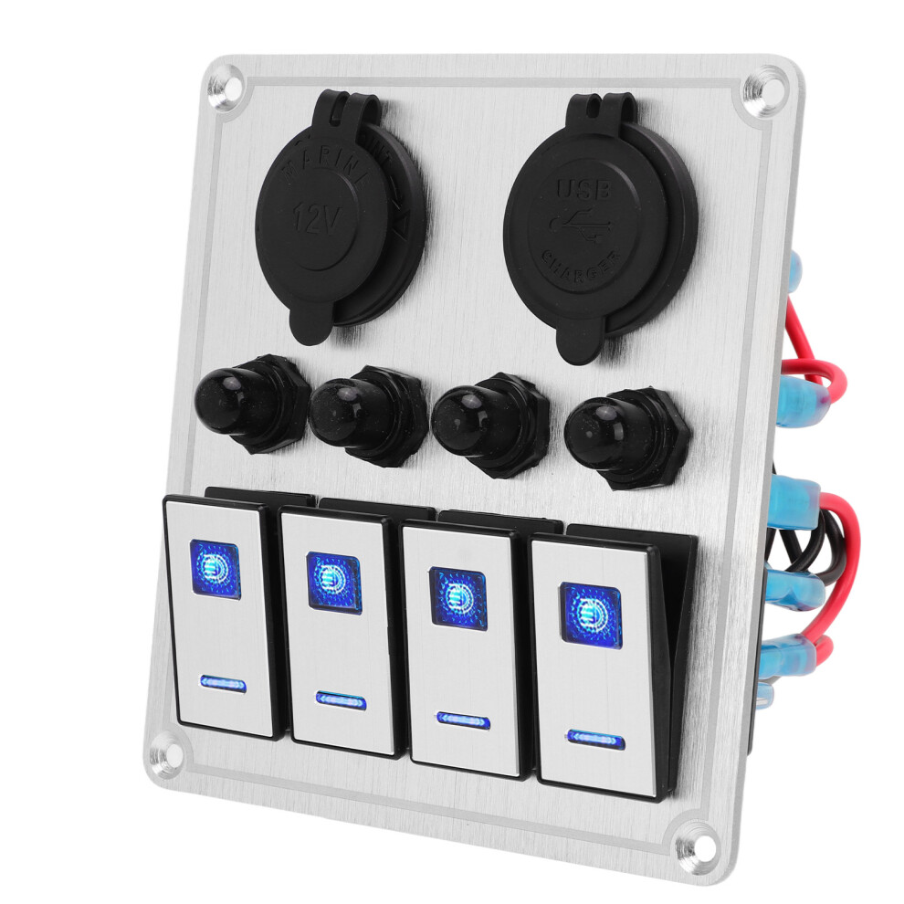 4 Gang Rocker Switch Panel Waterproof Marine Boat Toggle Switch Panel Oxide On Off With Double Silver/Blue/Light 4251320868733