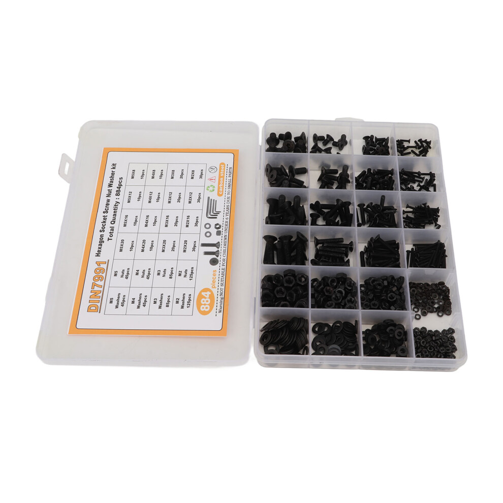 884Pcs M2 M3 M4 M5 Carbon Steel Hex Socket Screw Nut Washer Kit With Storage Box Black 9341320885306