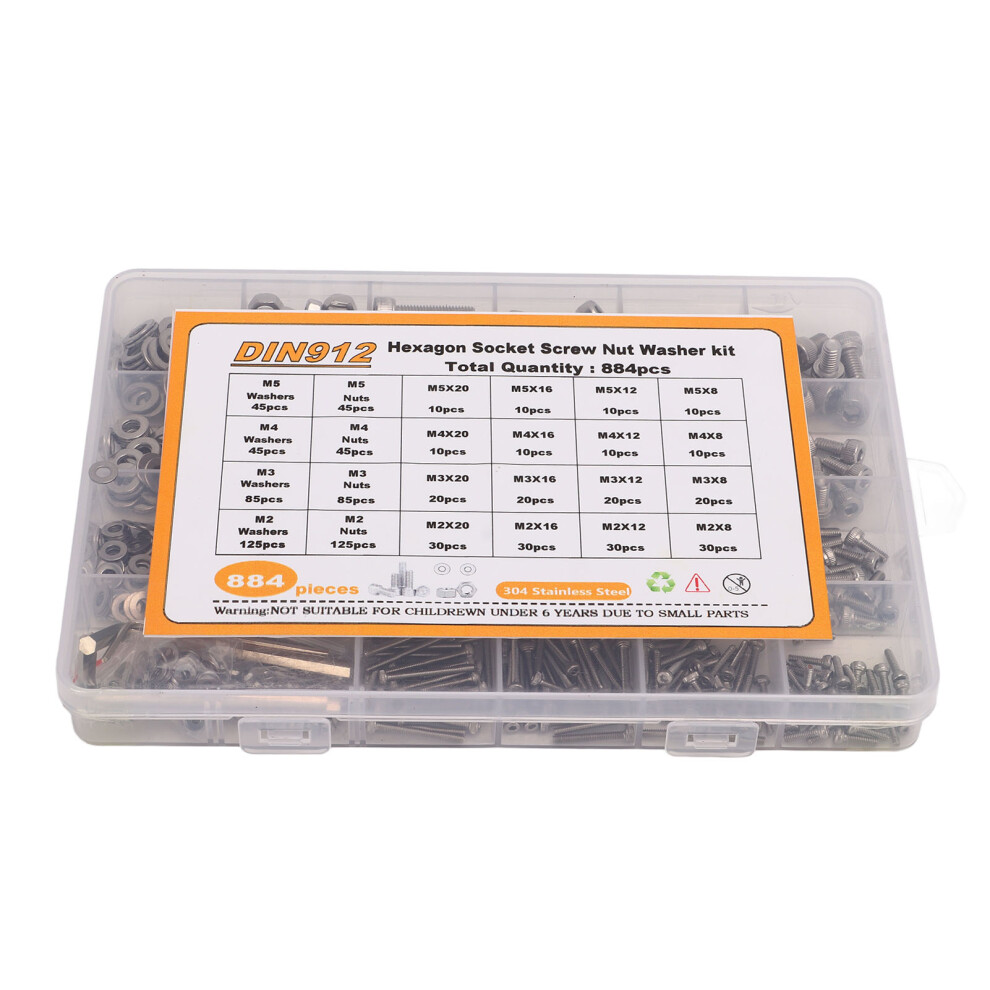 884Pcs Screw Nut Washer Assortment M2 M3 M4 M5 Round Head Hex Socket 304 Stainless Steel Fastener 9351320885336