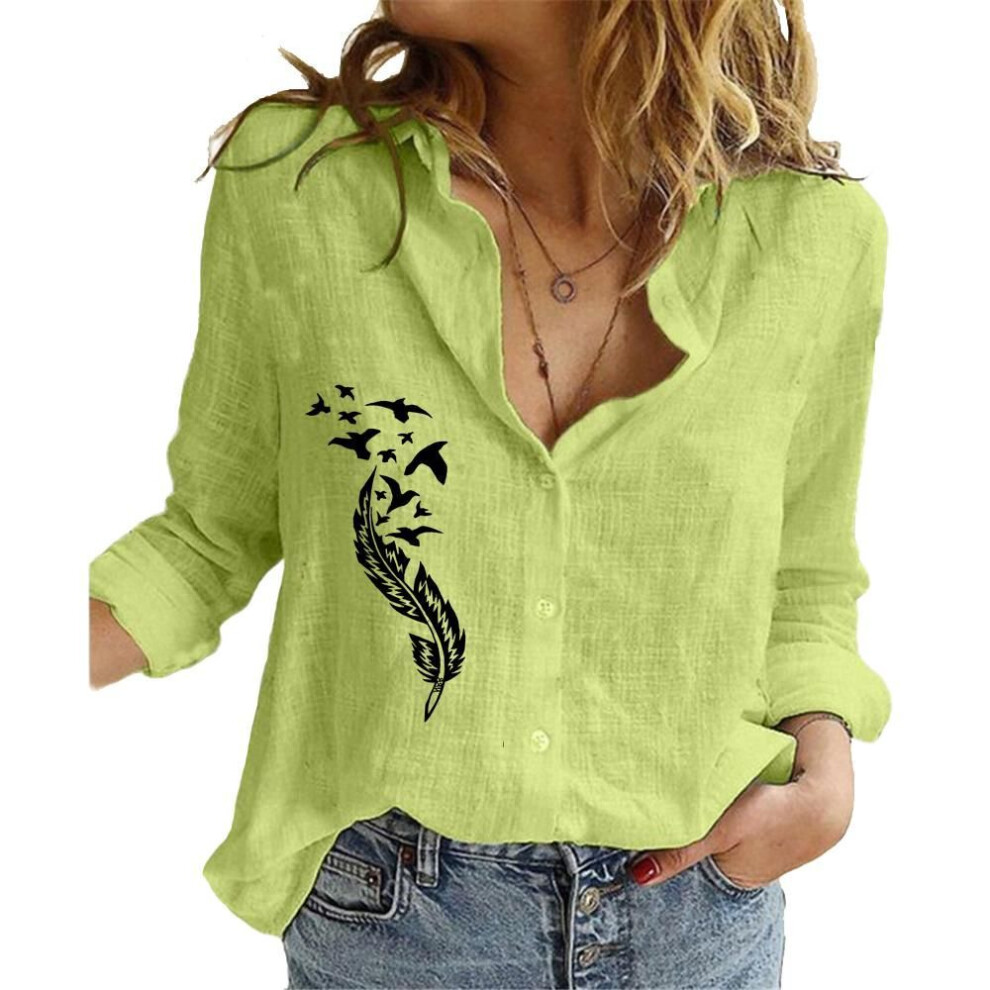 (XL, green) Women Fashion Buttoned Blouses Spring Summer&fall Floral Printed Cotton Linen Top Female Casual Loose Long Sleeve T-shirt