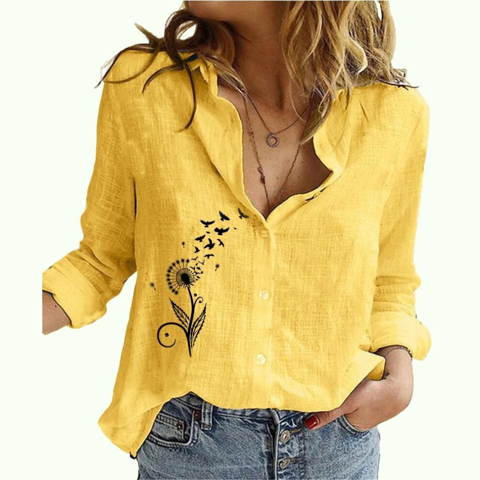 (S, yellow) Women Fashion Long Sleeved Buttoned Shirt Ladies Casualfloral Print Linen Top Fall&summer Thin Blouse