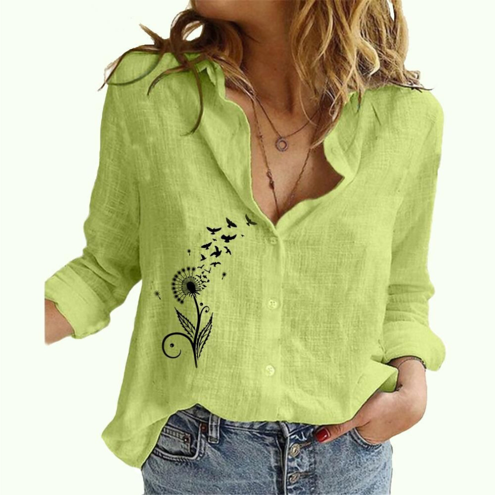 (L, green) Women Fashion Long Sleeved Buttoned Shirt Ladies Casualfloral Print Linen Top Fall&summer Thin Blouse