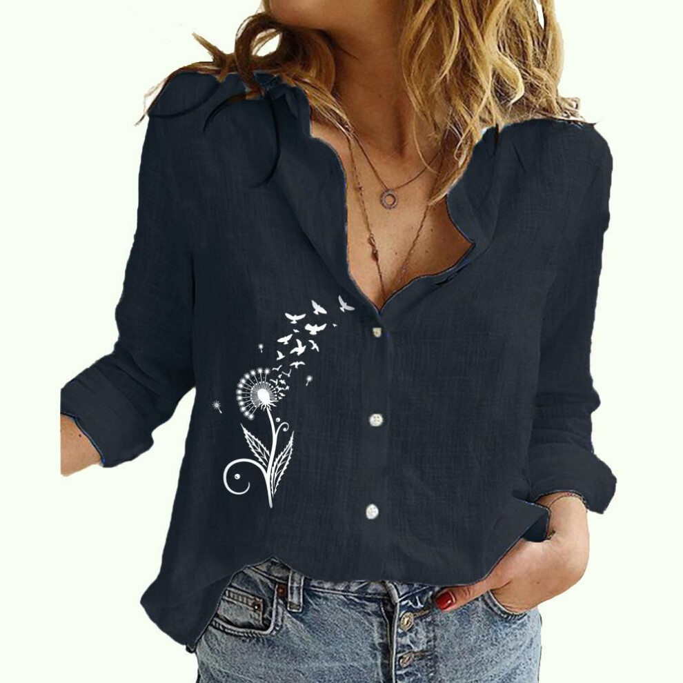 (3XL, black) Women Fashion Long Sleeved Buttoned Shirt Ladies Casualfloral Print Linen Top Fall&summer Thin Blouse