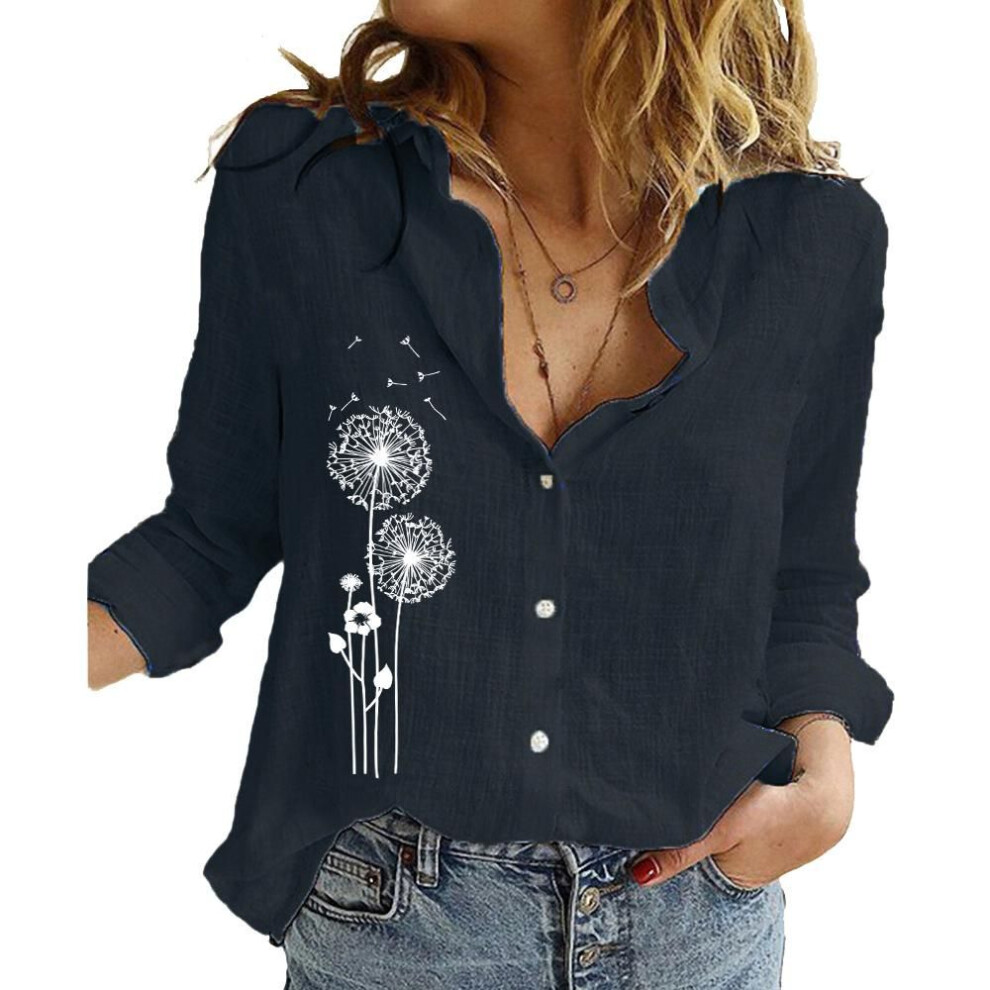 (XL, black) Women Fashion Long Sleeve T-shirt Shirt Summer&autumn Cotton Linen Loose Top Female Casual Lapel Collar  Print Buttoned Blouses