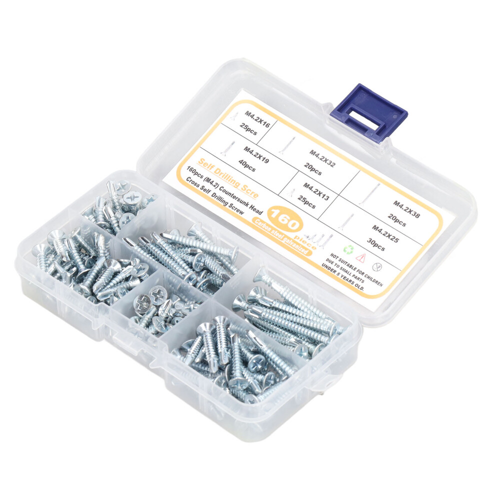 160Pcs Self Drilling Screws Carbon Steel Blue Zinc Plated Countersunk Cross Head Fastener M4.2 For Wood 8491320891188