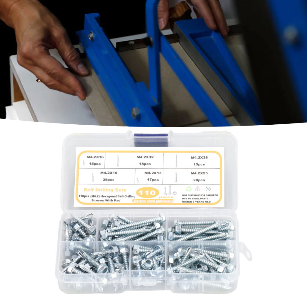 110Pcs Self Drilling Screw Hex Washer Head M4.2 6 Sizes Fastener Assortment Set Kit 8471320893900