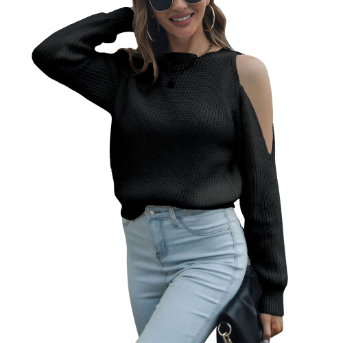 Schulterfreier gestrickter Polyester-Pullover Schwarz L 1