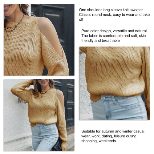 Khaki Größe M Schulterfreier gestrickter Pullover, Rundhalsausschnitt 2