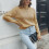 Khaki Größe M Schulterfreier gestrickter Pullover, Rundhalsausschnitt 4