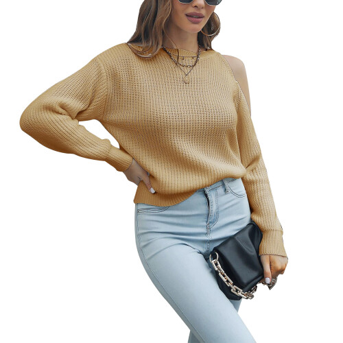 Khaki Größe M Schulterfreier gestrickter Pullover, Rundhalsausschnitt 1