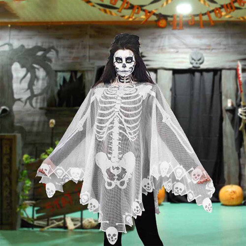 Capa de Halloween Poncho blanco con esqueleto cuadrado 2