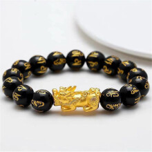 Schwarz Obsidian Elastisches 12mm Armband Golden Pixiu