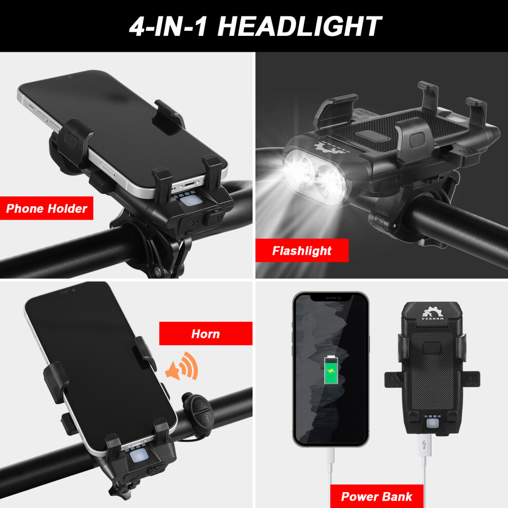Bike Light Set Bicycle Front and Rear Light 4 in 1 USB Rechargeable Waterproof Bicycle LED Headlight with Phone Holder Bicycle Horn Mobile