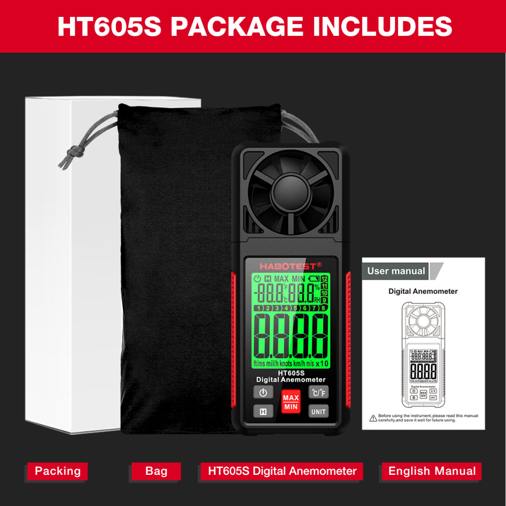 Habotest Ht605s Digital Anemometer 0-12 Beaufort Scale Handheld Wind Speed Meter With Backlight Lcd Screen Air Flow Meter Air Velocity Gaug 7901320919443