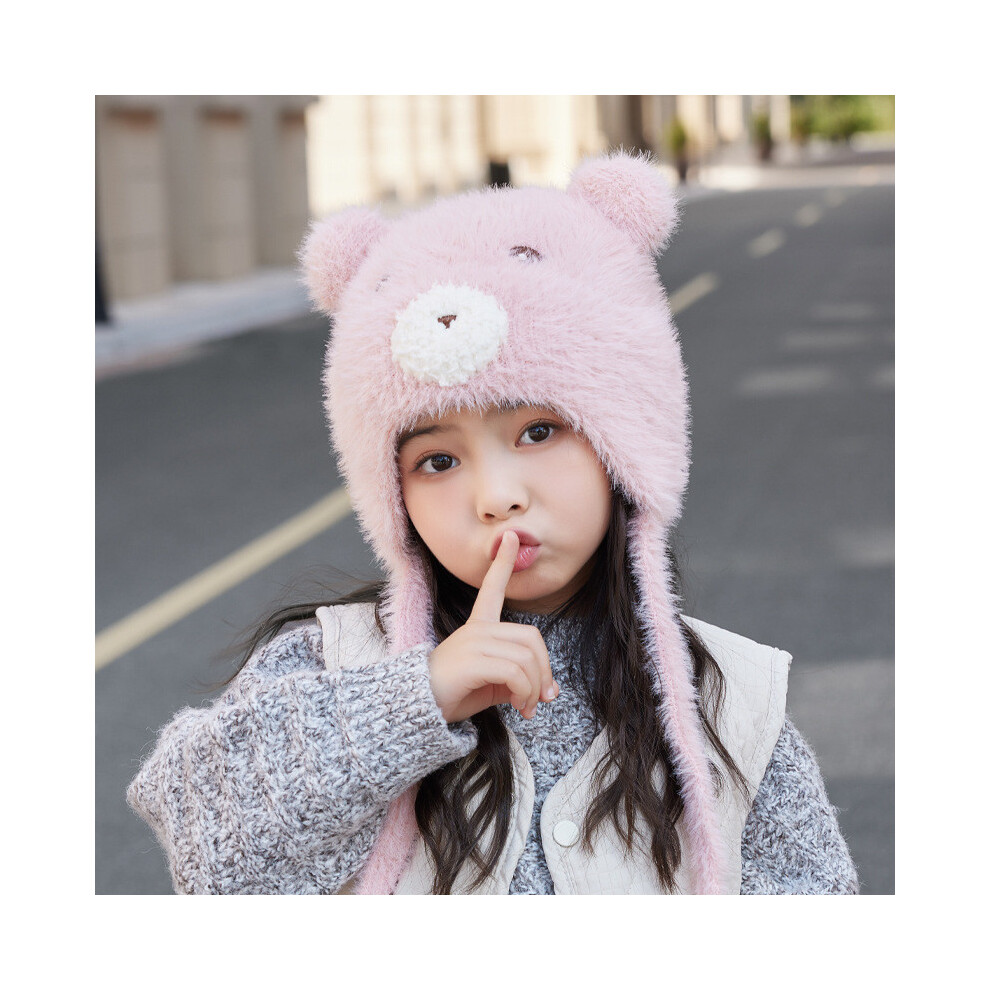 (Pink)Oso De Peluche De Dibujos Animados Sombrero Tejido De Felpa NiñO Exterior A Prueba De Viento A Prueba De FríO Sombrero CáLido-image