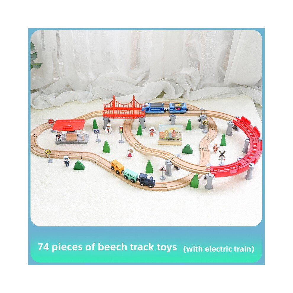 (74 Pieces)Jouet d'assemblage de voie en bois pour enfants avec train électrique et accessoires déco