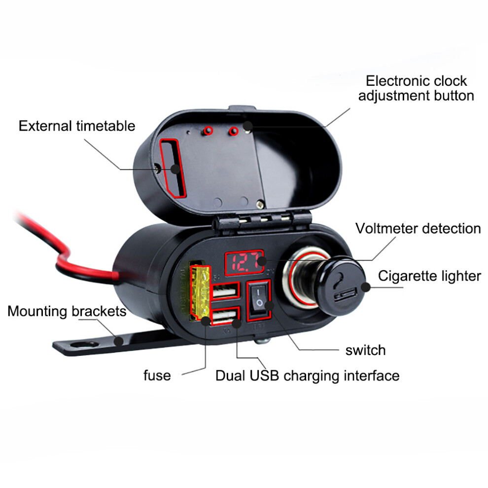 Dc 12V/24V Motorcycle Cigarette Lighter Dual Usb Charging Ports Voltmeter Clock Time Display Motor Phone Charger Lighter Socket 7901320960209