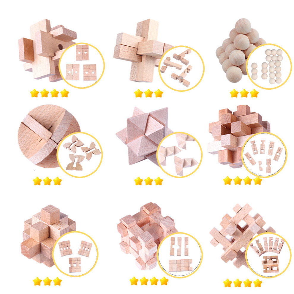 9Pcs Wooden Brain Teaser Puzzle IQ Test Toy Kong Ming Lock Puzzle Disentanglement Puzzles Toy Unlock Interlock Game for Kids Adults