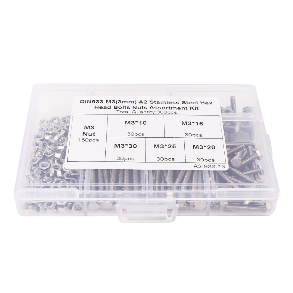 300Pcs M3 Hex Screws Nuts Set With Storage Box Uniform Pitch Oxidation Corrosion Resistance No Rusting Fasteners 4671321000756