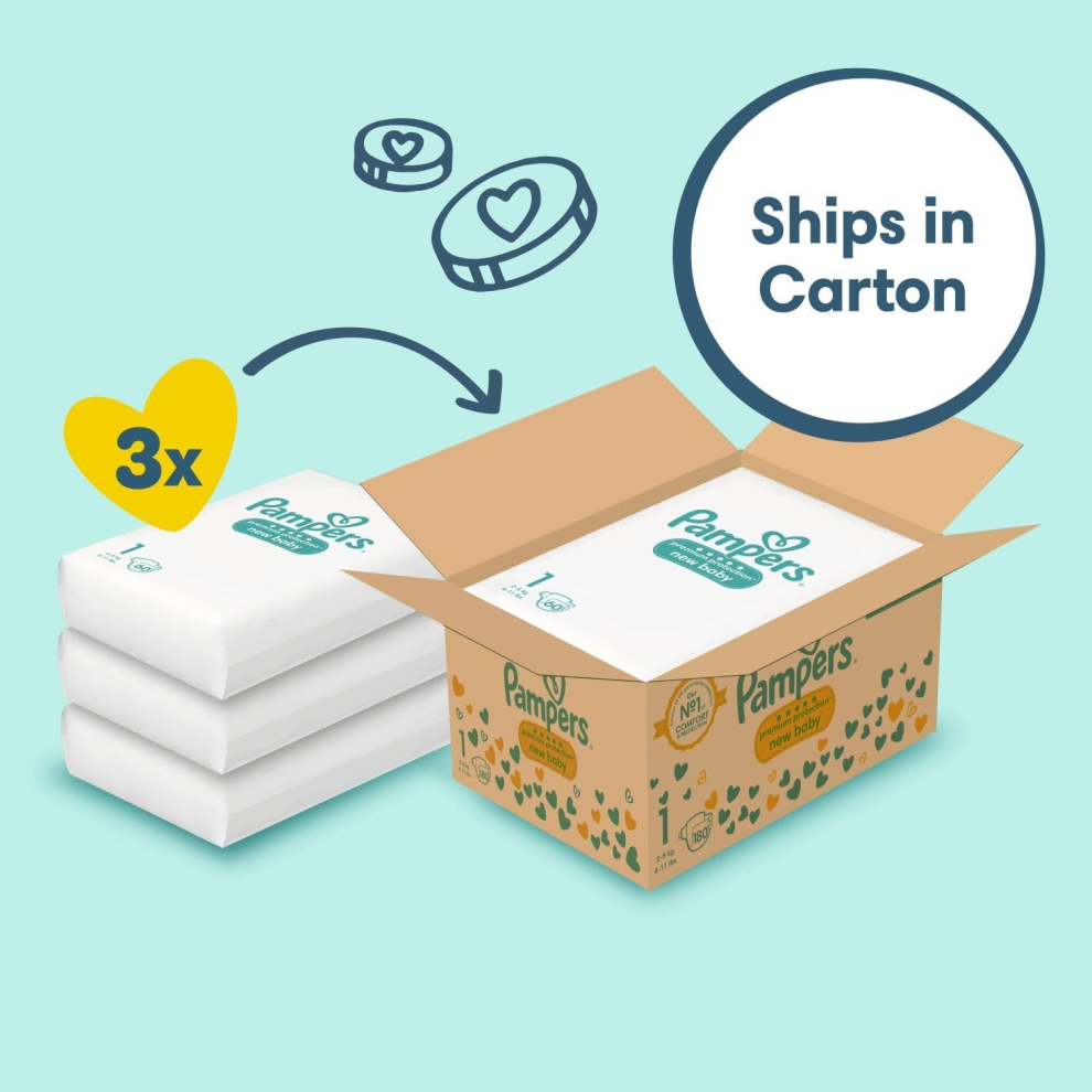 Pampers Premium Protection New Baby Size 1, 180 Nappies, 2Kg-5Kg, Monthly Pack + Harmonie Aqua Baby Wipes 1 Pack Of 10 Wipes