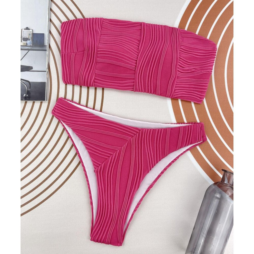 (M, rose) Women's Swimwear Solid Color Striped Bandeau High Waist Bikini Beachwear Bathing Suits