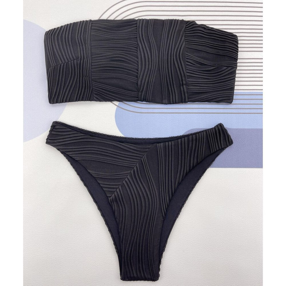 (S, black) Women's Swimwear Solid Color Striped Bandeau High Waist Bikini Beachwear Bathing Suits