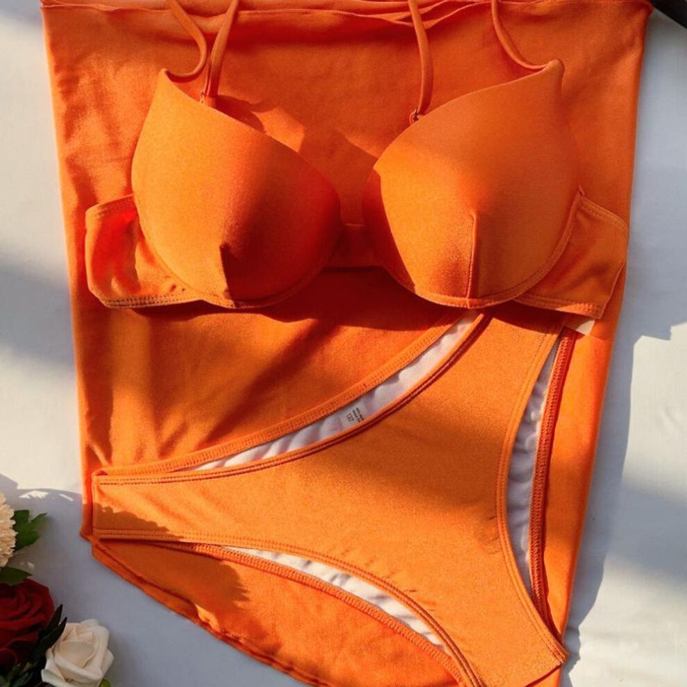 (L, orange) Sexy Women's Swimsuit Solid Color Push Up Three Piece Bikini Brazilian Beachwear Bathing Suits