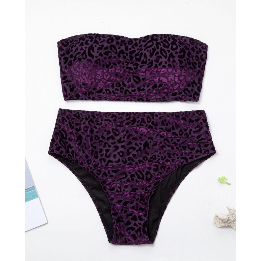 (XL, purple) Women Plus Size Swimsuit Velvet Solid Color Leopard Print Tube Top High Waist Sexy Bikini Brazilian Beachwear Bathing Suits