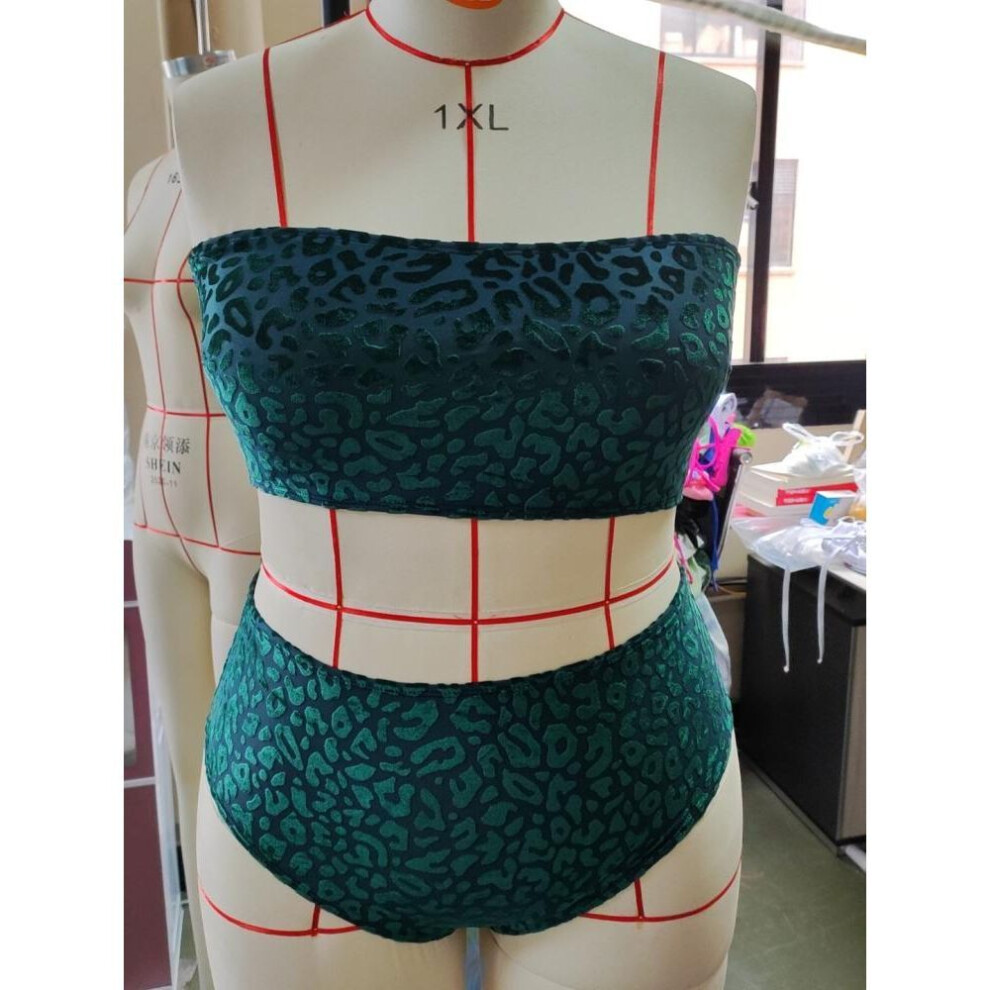 (L, dark green) Women Plus Size Swimsuit Velvet Solid Color Leopard Print Tube Top High Waist Sexy Bikini Brazilian Beachwear Bathing Suits