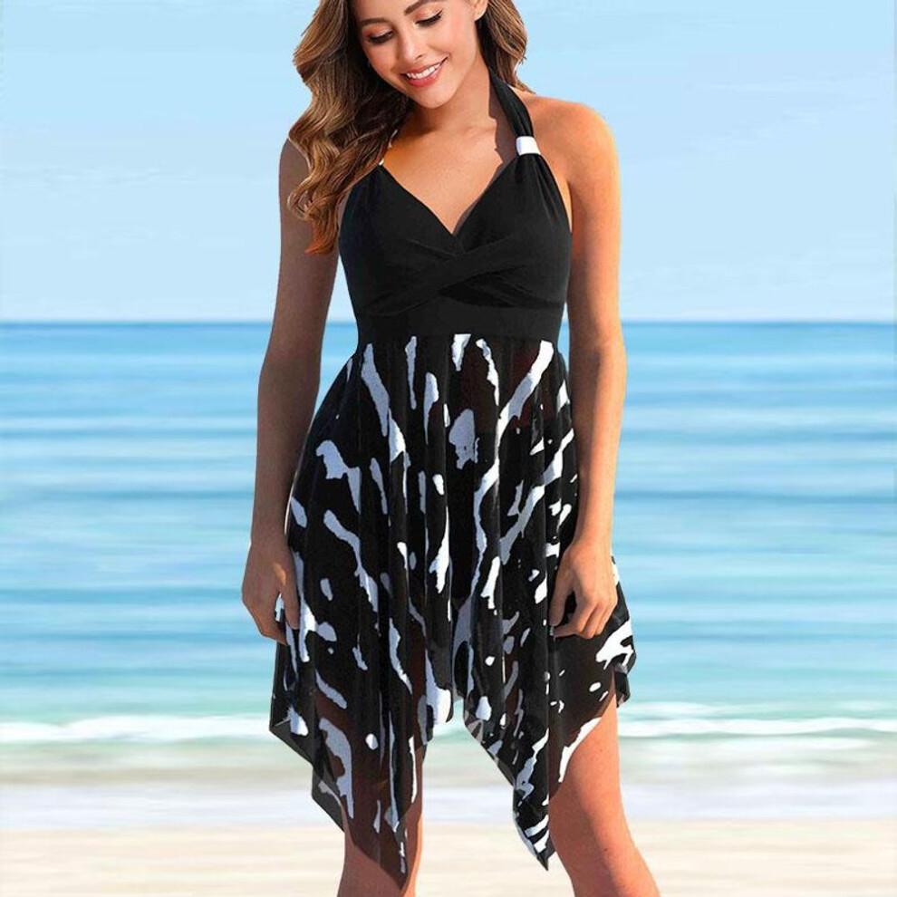 (2XL, black) Women's Hanging Neck Style Swimsuit Blue Butterfly Print Bikini Tankini Swimsuit
