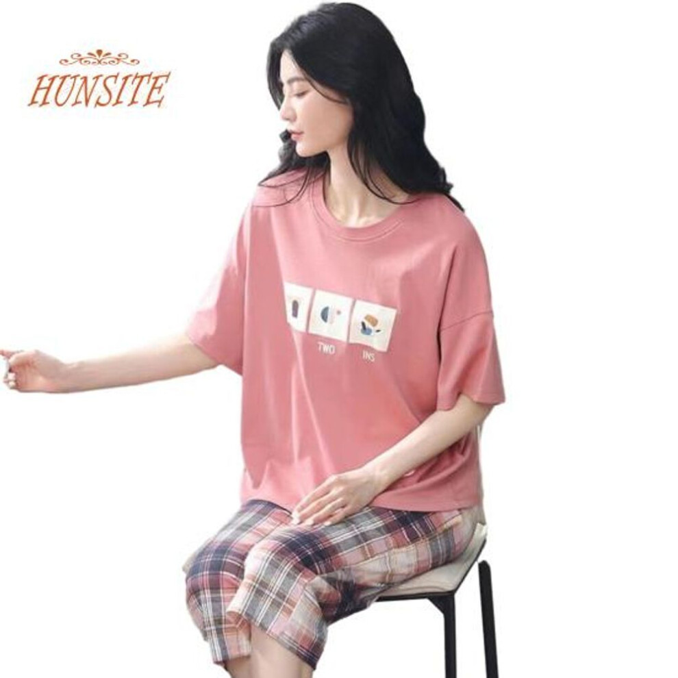 (L, pink) 2 Pcs/set Women Summer Pajamas Set Cartoon Loose Elastic Waist O Neck Half Sleeves Home Wear Comfortable T-shirt Cropped Pants Set Women Clothes
