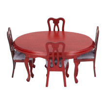 Conjunto de comedor en miniatura para casa de muñecas a escala 1:12, mesa y sillas de madera roja para exhibición.