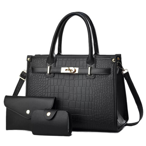 (Black) 3 Piece Classic Sleek Handbag Set