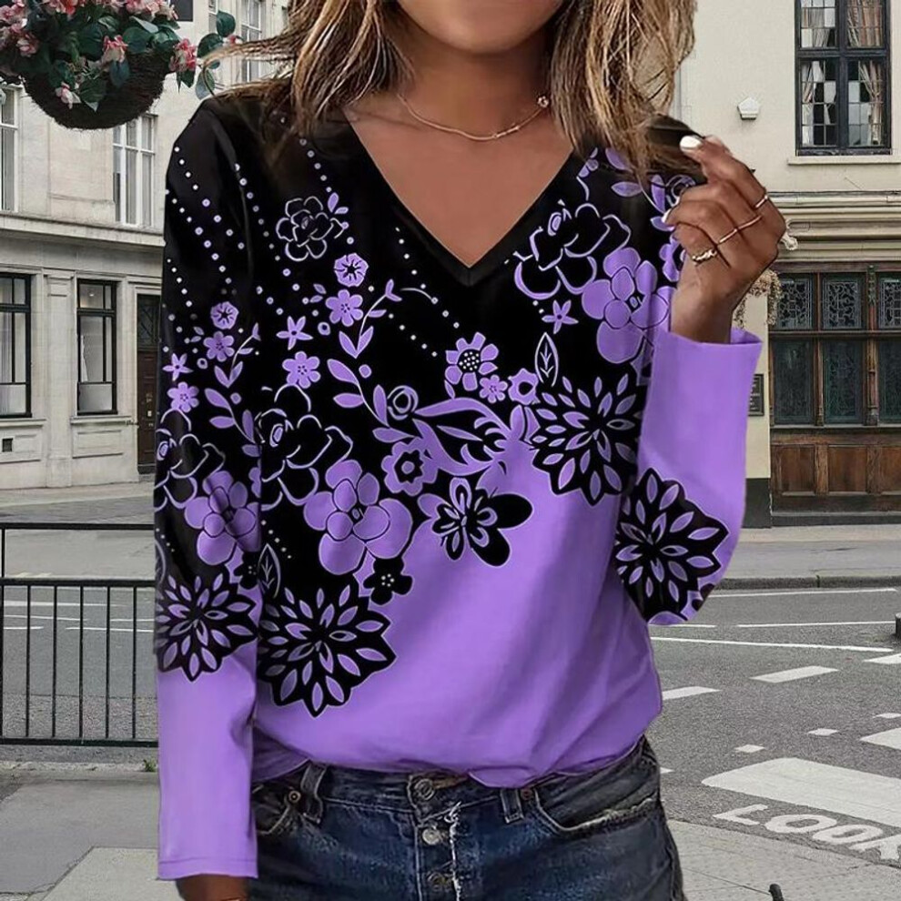 (3XL, purple) Pink Little Flower Print Women Tshirts Ladies Tops Long Sleeve V-neck Pullover Femme T-shirts T Shirt For Women