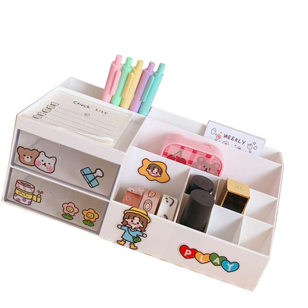 Desktop Storage Box Multi Grid Design Cute Beautiful Desktop Organizer Storage Box for Stationery Pens White-image-OPC-PHVDM6J-NEW