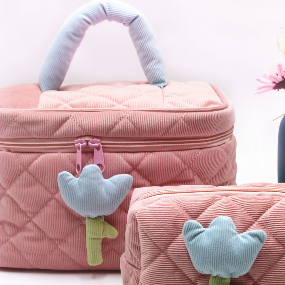 Pink Cosmetic Bag Corduroy Tulip Large Capacity Portable Lovely Toiletry Storage Bag For Girls Large