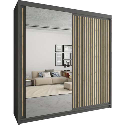 (Grey , 203cm) Modern Royal Sliding Mirror Door Wardrobe