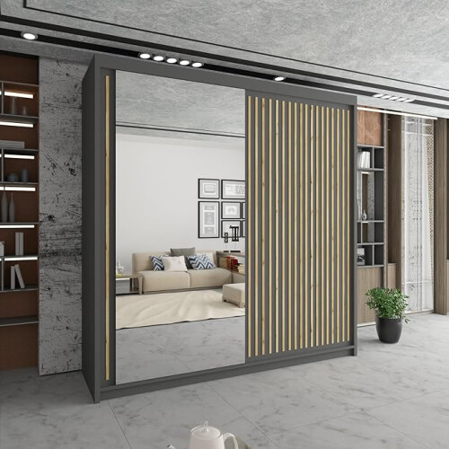 (Grey , 203cm) Modern Royal Sliding Mirror Door Wardrobe 2