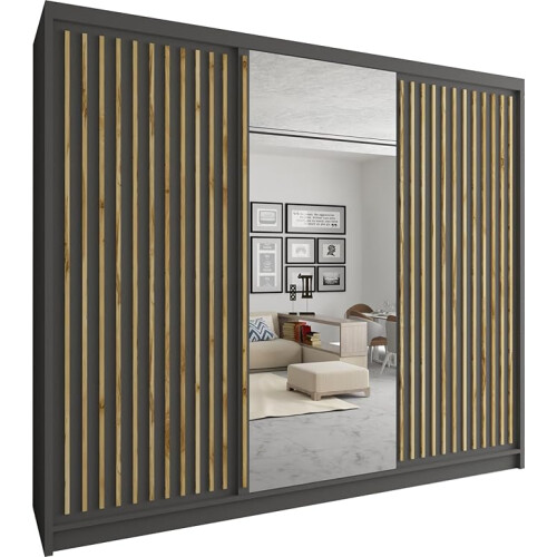 (Grey , 250cm) Modern Royal Sliding Mirror Door Wardrobe