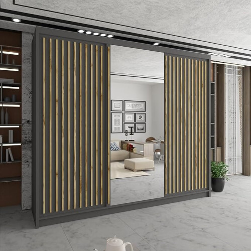 (Grey , 250cm) Modern Royal Sliding Mirror Door Wardrobe 2