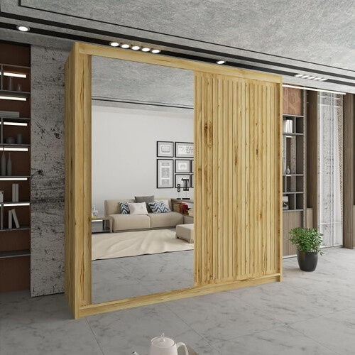 (Oak, 203cm) Modern Royal Sliding Mirror Door Wardrobe 2
